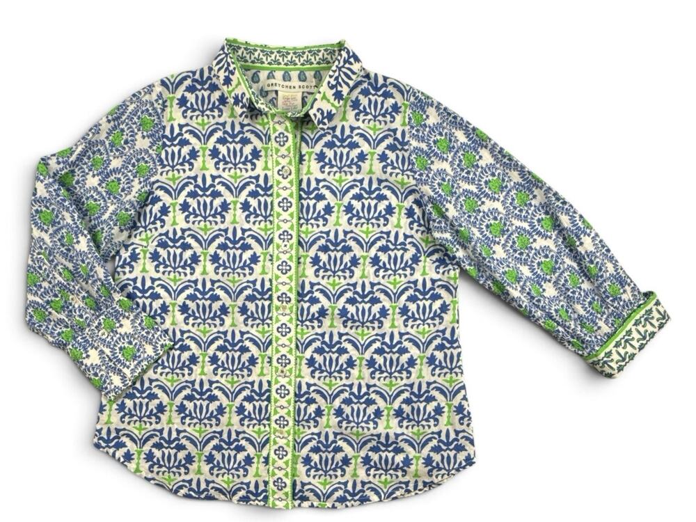 Gretchen Scott Blouse 100% Cotton Boyfriend Shirt Blue White Turn Back Cuff Med